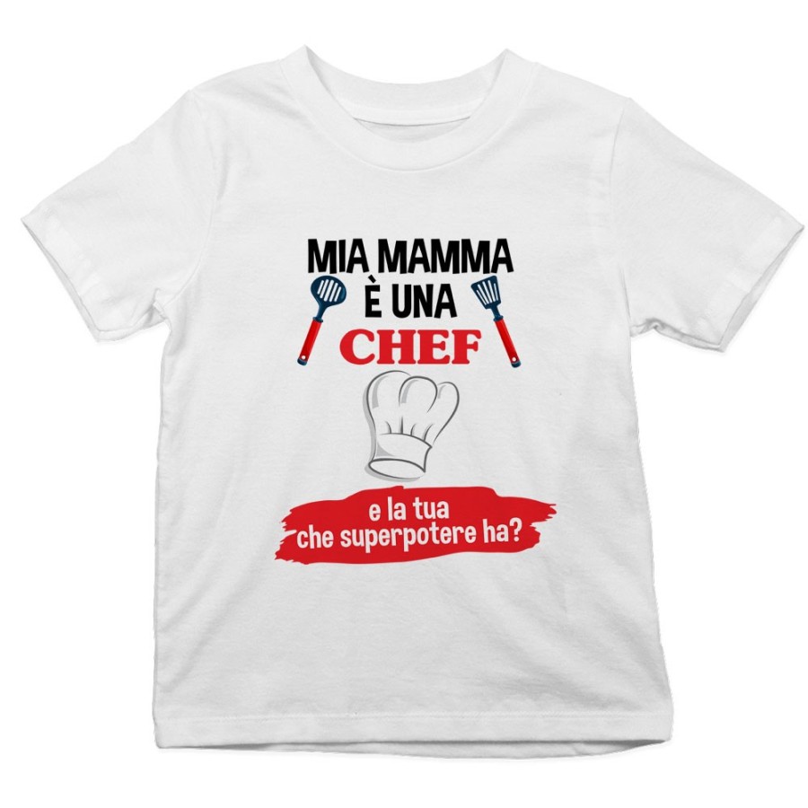 T-shirt bambino il mio papà la mia mamma è uno chef una chef e il tuo la tua che superpotere ha