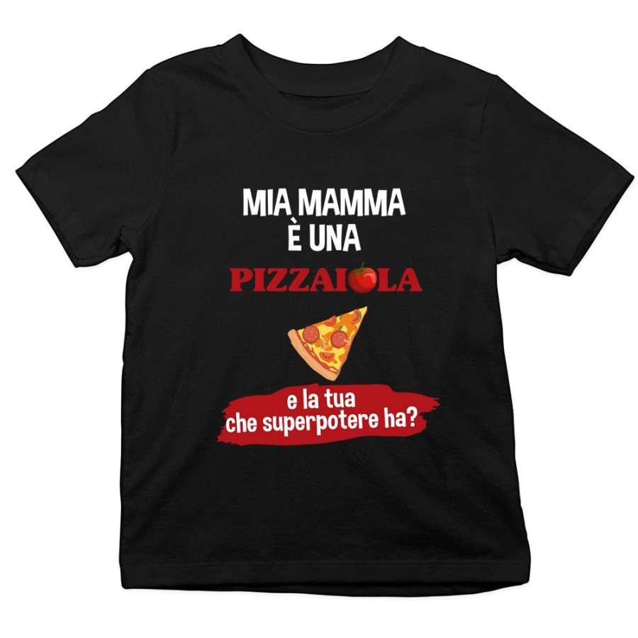 T-shirt bambino il mio papà la mia mamma è un pizzaiolo una pizzaiola e il tuo la tua che superpotere ha