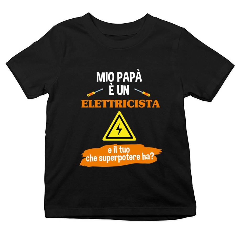 T-shirt bambino il mio papà la mia mamma è un elettricista e il tuo la tua che superpotere ha