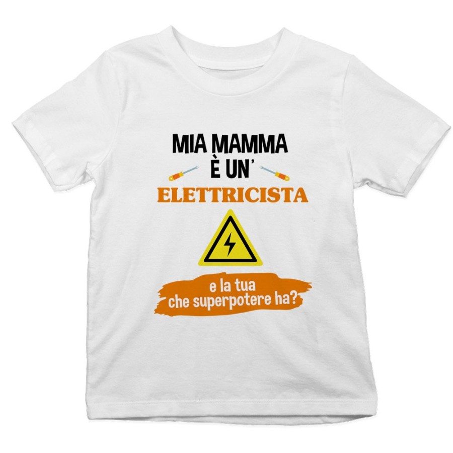 T-shirt bambino il mio papà la mia mamma è un elettricista e il tuo la tua che superpotere ha