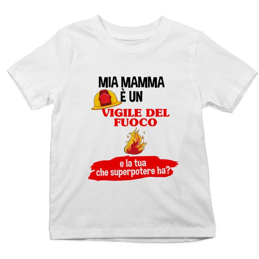 T-shirt bambino il mio papà la mia mamma è un vigile del fuoco e il tuo la tua che superpotere ha