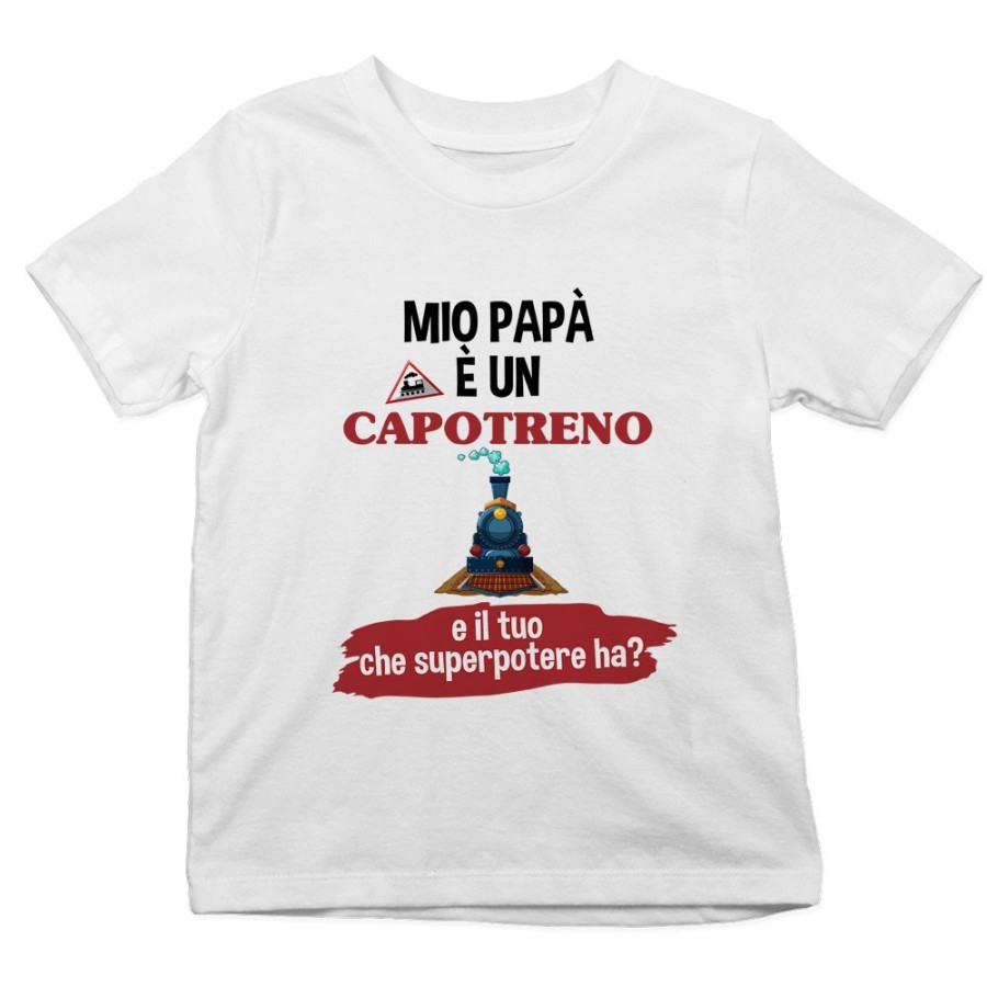 T-shirt bambino il mio papà la mia mamma è un capotreno e il tuo la tua che superpotere ha