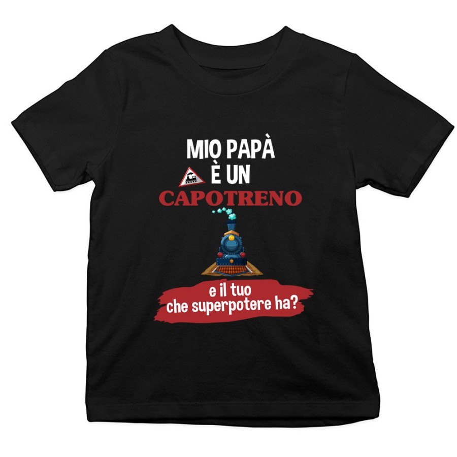 T-shirt bambino il mio papà la mia mamma è un capotreno e il tuo la tua che superpotere ha