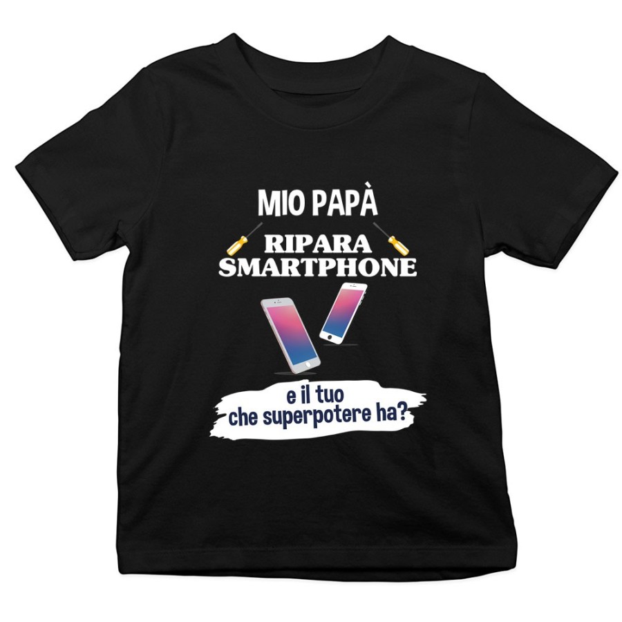 T-shirt bambino il mio papà la mia mamma ripara smartphone e il tuo la tua che superpotere ha