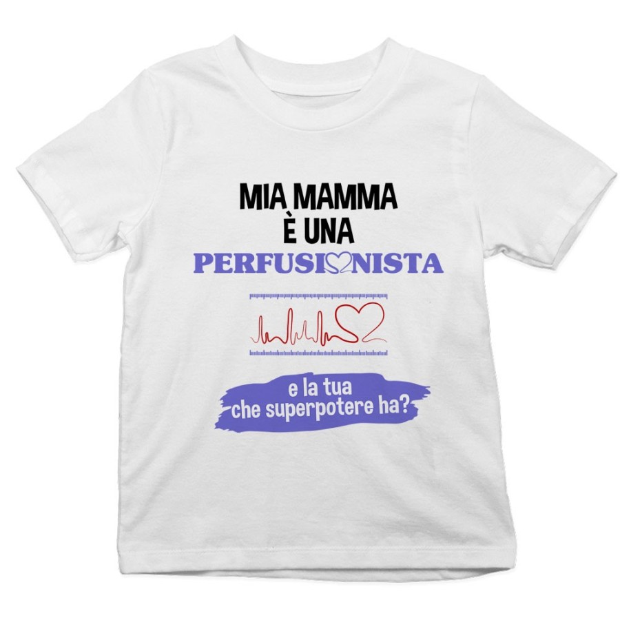 T-shirt bambino il mio papà la mia mamma è un perfusionista una perfusionista e il tuo la tua che superpotere ha