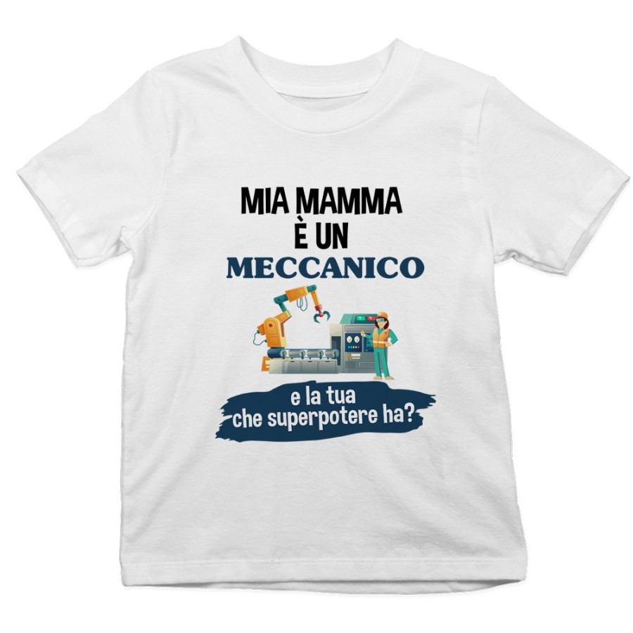 T-shirt bambino il mio papà la mia mamma è un meccanico industriale e il tuo la tua che superpotere ha