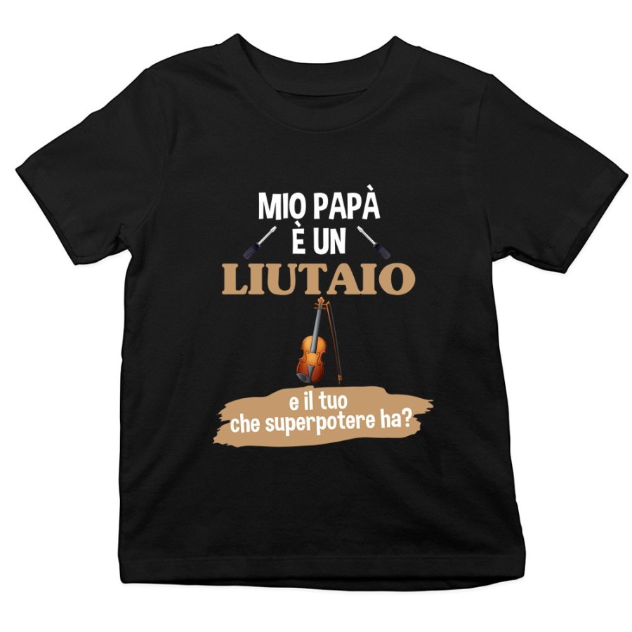 T-shirt bambino il mio papà la mia mamma è un liutaio una liutaia e il tuo la tua che superpotere ha