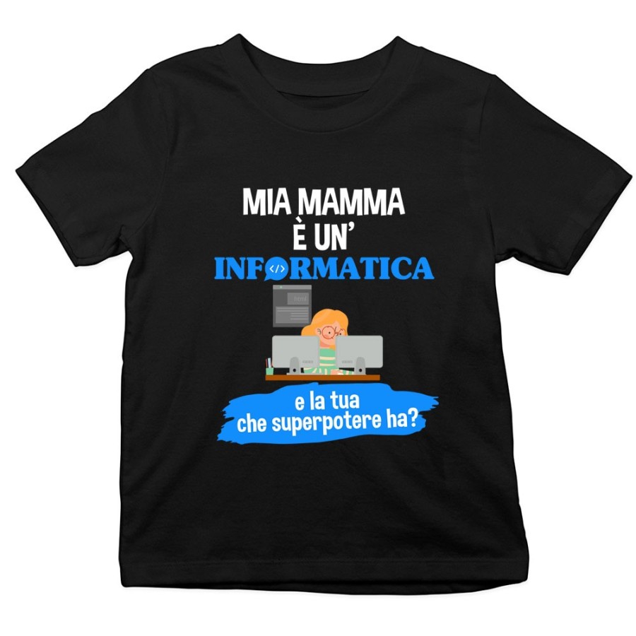 T-shirt bambino il mio papà la mia mamma è un informatico un'informatica e il tuo la tua che superpotere ha