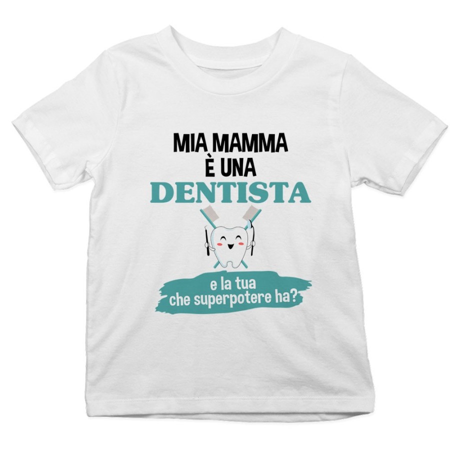 T-shirt bambino il mio papà la mia mamma è un dentista una dentista e il tuo la tua che superpotere ha