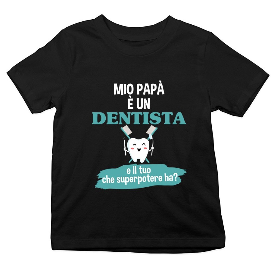 T-shirt bambino il mio papà la mia mamma è un dentista una dentista e il tuo la tua che superpotere ha