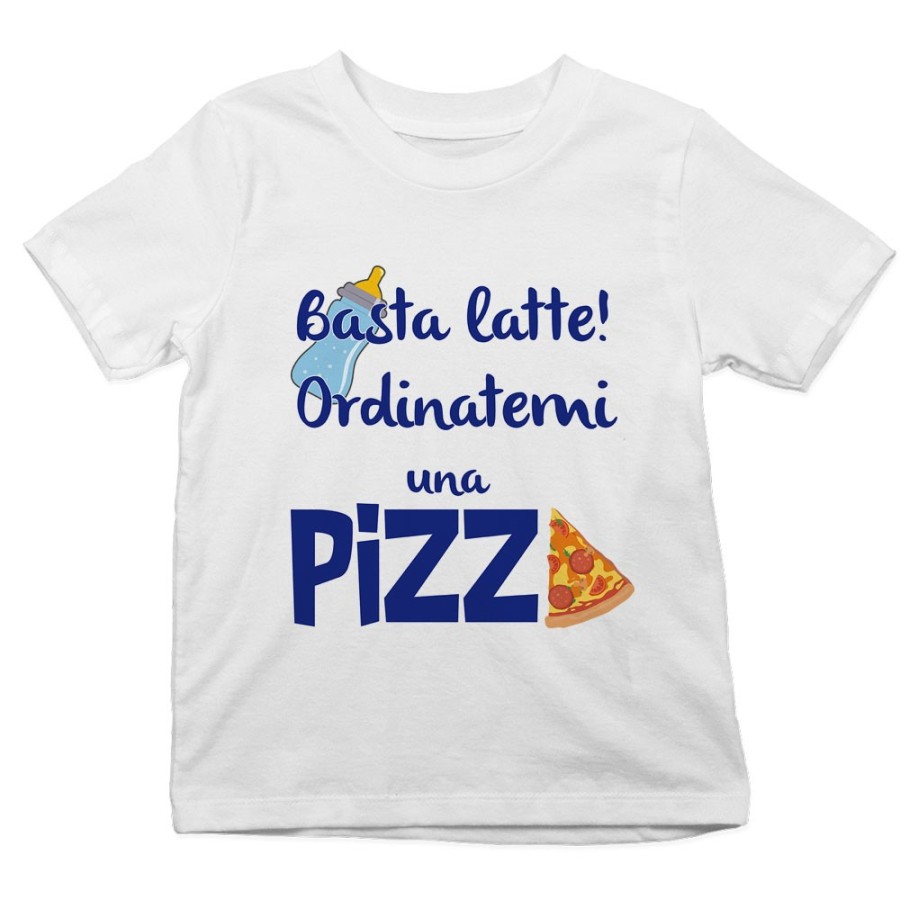 T-shirt bambino basta latte ordinatemi una pizza Divertenti