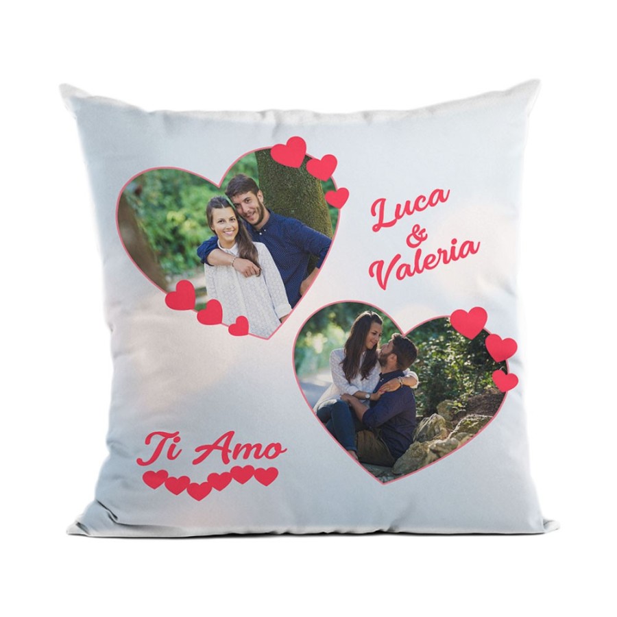 Cuscino personalizzato con foto e nomi dolce amore con due cuori Love